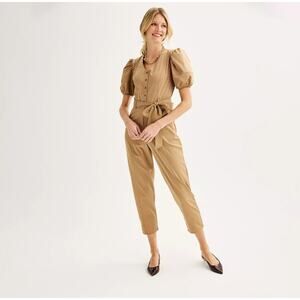 Nine West Jumpsuit NWT Belted Balloon Sleeve Camel Size L Elastic Waist Cotton